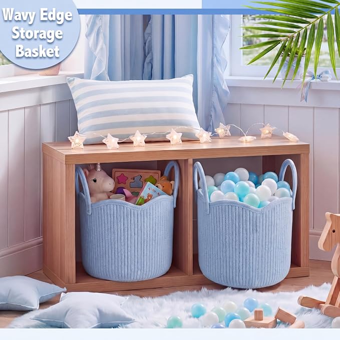 Newtay Blue Scalloped Woven Blanket Basket 12" x 12" x 12" Cotton Rope Laundry Basket Hamper Cute Round Decorative Storage Bin with Handles for Baby Nursery Living Room Bedroom Bathroom