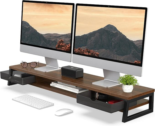 Fenge Dual Monitor Stand Riser, 42.5in Desk Shelf with 2 Drawers, Brown | 2-Tier Monitor Shelf for Desk, Storage Drawer with Stopper, Frosted, fit Home Office, Ultrawide Screen, PC, Laptop, TV