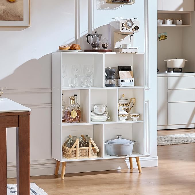 LEYAOYAO Cube Bookshelf, Mid-Century Modern Book Shelf with Legs, White | 3 Tier Bookcase, Rustic Wood Bookshelves Freestanding Small Storage Organizer, Open Shelves for Bedroom, Living Room, Office
