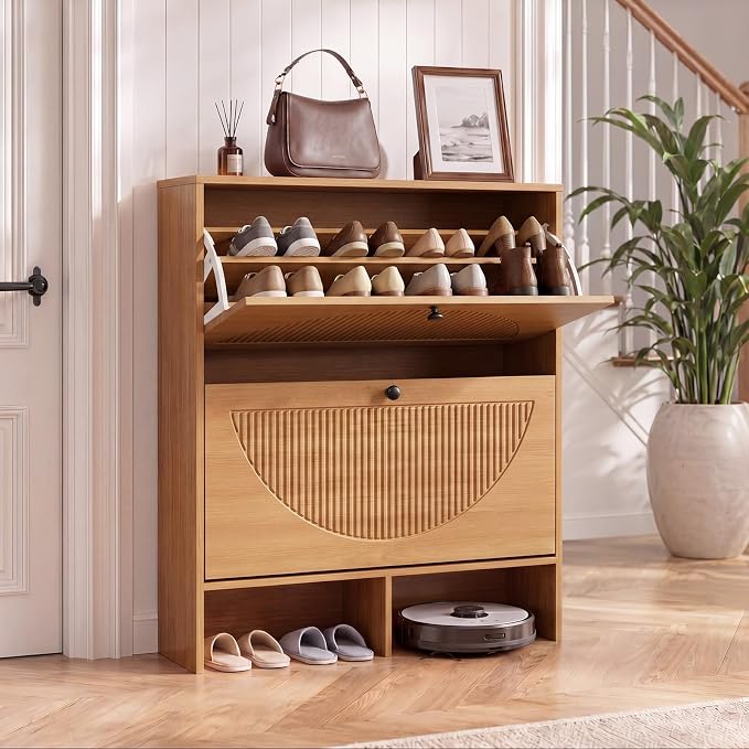 GRUSIGN Shoe Cabinet with 2 Flip Drawers, Narrow Shoe Cabinet Storage for Entryway, Freestanding Shoe Organizer with Adjustable Shelves & Anti-Tipping Device, Shoe Rack Cabinet for Hallway, Foyer