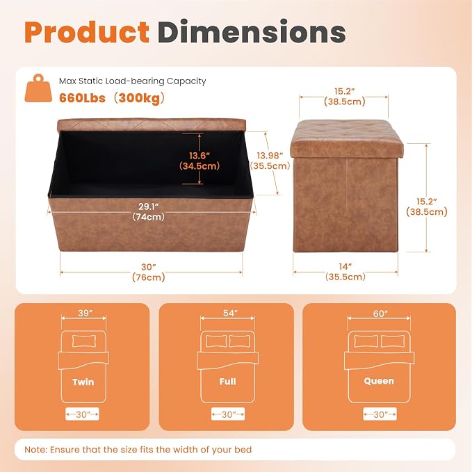 Sweetcrispy 30 Inch Folding Storage Ottoman Bench, Ottoman with Storage | Foot Rest Stool with Padded Seat, End of Bed Storage Bench for Living Room, Bedroom, Loads 660 LBS, Synthetic Leather, Brown