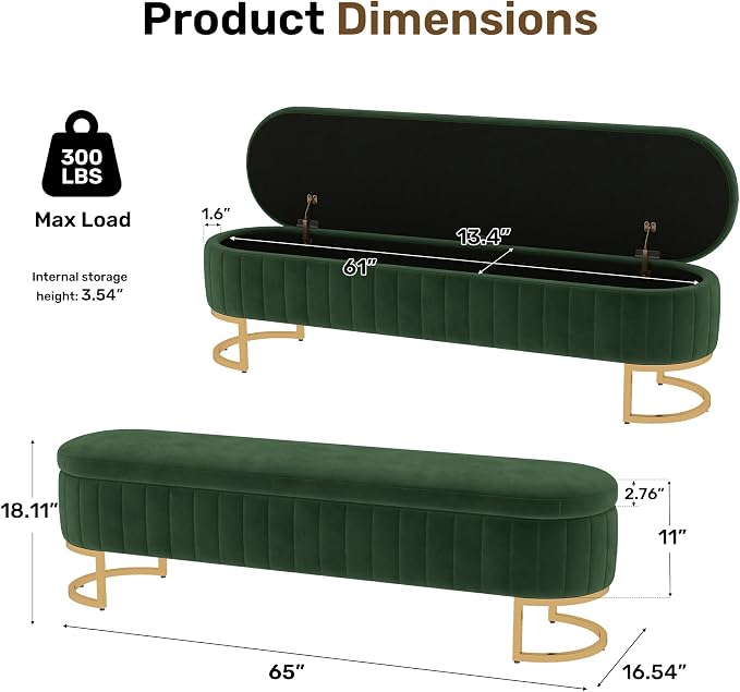 65" Velvet Storage Ottoman Bench End of Bed for Bedroom Entryway Green