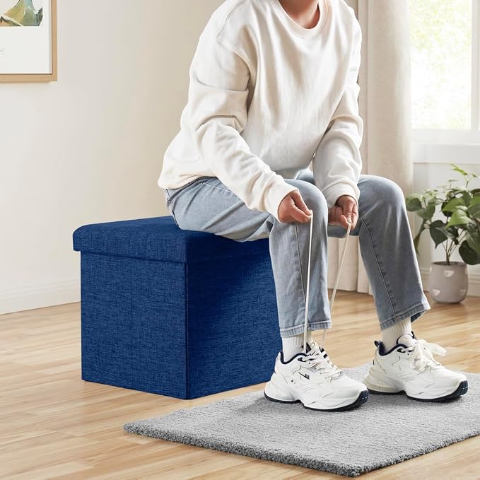 Ornavo Home 15 Inch Folding Storage Ottoman Cube, Tufted Linen, Navy Blue | Upholstered Cube with Lid; Foot Rest Stool; Ideal for Bedroom, Living Room or Entryway