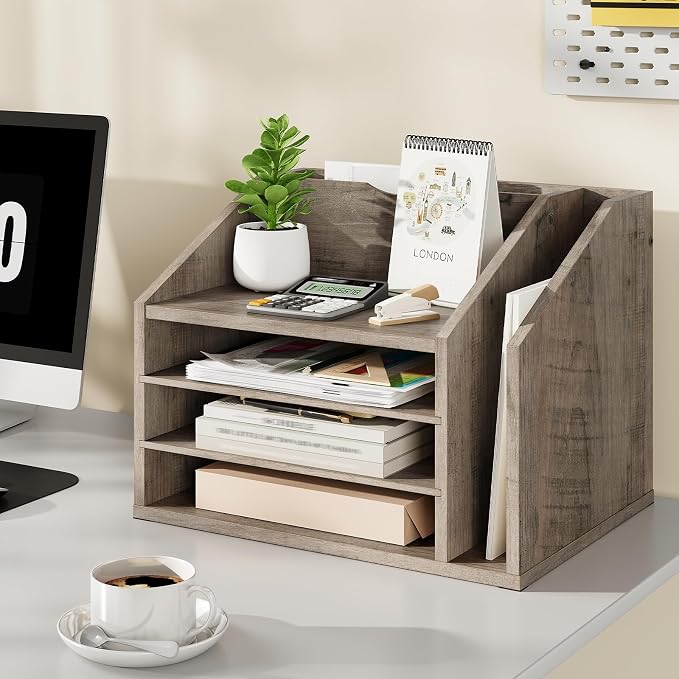 Wooden Desk Organizer with Adjustable Partitions, Multi-Layer Desktop File Holder for Home Office, Paper & Stationery Storage Organizer, Greige MWJ04FH