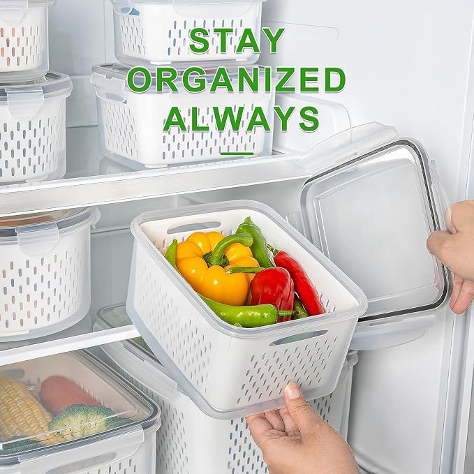 Freshmage Fruit Storage Containers for Fridge with Removable Colander 8 pcs | Airtight Food Storage Container Dishwasher Safe Produce Saver for Refrigerator Keep Berry Fruit Fresh Longer Small Clear