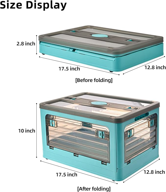 32Qt Plastic Storage Bins with Lid, Collapsible Storage Bins with Wheels, Storage Boxes with 4 Doors, Stackable Storage Bins for Organizing, Clothes, foods and Camping, 2-Pack (Blue)