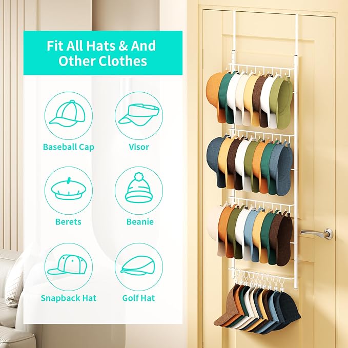 HapiRm Over Door Hat Organizer - 4 Tier Wall Mounted Hat Rack with 24 Hooks and 10 Movable Clips, Hanging Baseball Cap Organizer Storage Holds to 34 Caps for Door, Bedroom, Closet(White)