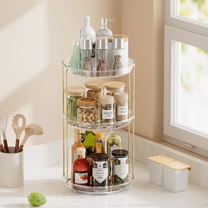 Delamu 3 Tier Rotating Makeup Organizer for Vanity, Bathroom Counter Organizer with Stackable Design, Spinning Skincare Organizer for Bathroom Countertop, Perfume Cosmetic Storage, Clear