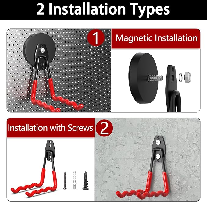 3-H Heavy Duty Magnetic Hooks, Large Magnet Hooks 3.5 inch Base,2 Pack Red | No-Drill Tool Holder for Garage,Power Drill,Garden Tools,Hose Storage