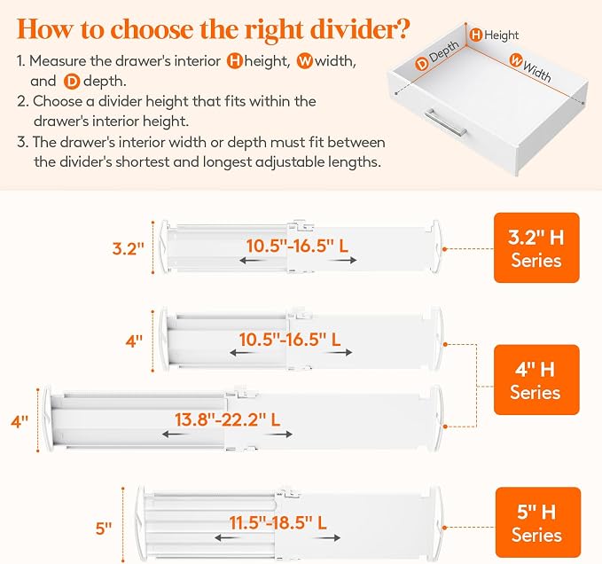 Lifewit Drawer Dividers for Clothes, 3.2" High 10.5"-16.5" Expandable Dresser Drawer Organizers, Adjustable White Plastic Separators for Kitchen, Cabinet, Nursery, Socks & Underwear Storage, 8 Pack