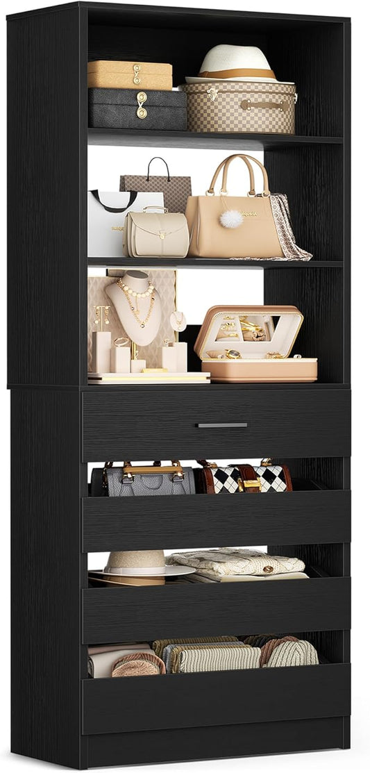Aheaplus 21.3" Closet System with 4 Drawers, Wood Closet Organizer with Open Shelves, Modular Drawers System Tower, Walk-in Small Wardrobe Rack, Tall Storage Cabinet Unit, Black