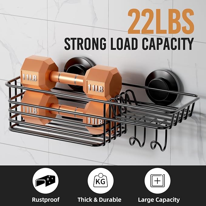 LEVERLOC Suction Cup Shower Caddy, Bathroom Shelf With Hook & Soap Holder | Black Shower Caddies, Soap Holder, No Drill Bathroom Caddy, Heavy Duty Shower Organizer, Removable Bathroom Shelf