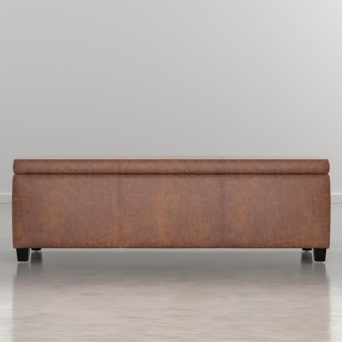 SIMPLIHOME Avalon Storage Ottoman Bench - 48" Wide x 16" High Upholstered Vegan Leather Rectangular Lift-Top Ottoman in Distressed Pecan Brown, Contemporary Storage Bench with High-Density Foam