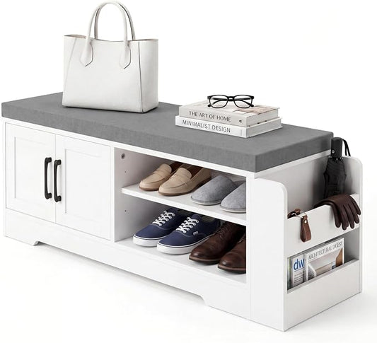 GRUSIGN 39.6" Shoe Storage Bench with Cushion, Entryway Shoe Cabinet, White | 3-in-1 Shoe Storage Bench, Adjustable Shelves, Removable Cushion, 300 lbs Capacity, Entryway, Apartment, Families