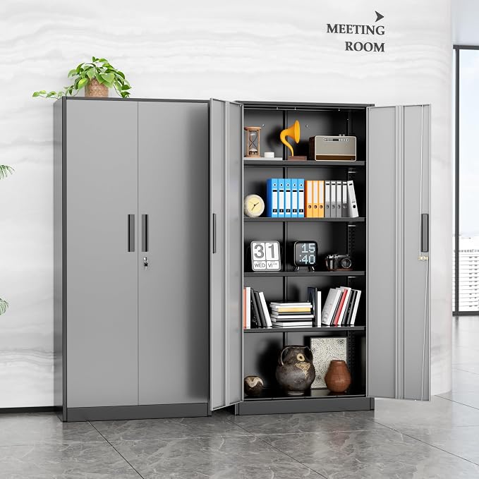 INTERGREAT Metal Lockable Storage Cabinet, 72” Storage Cabinet with 2 Doors and 4 Adjustable Shelves for Office, Home, Garage, Pantry (Assembly Required, Black Gray)