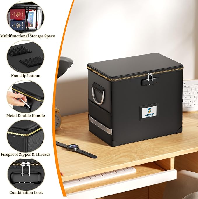 Fireproof File Organizer with Lock, Hard Safe Document Box, Black | Includes 10 Hanging File Folders for Letter Size, Filing Cabinet with Fireproof Zippers & Threads, 0.58 Cubic Feet