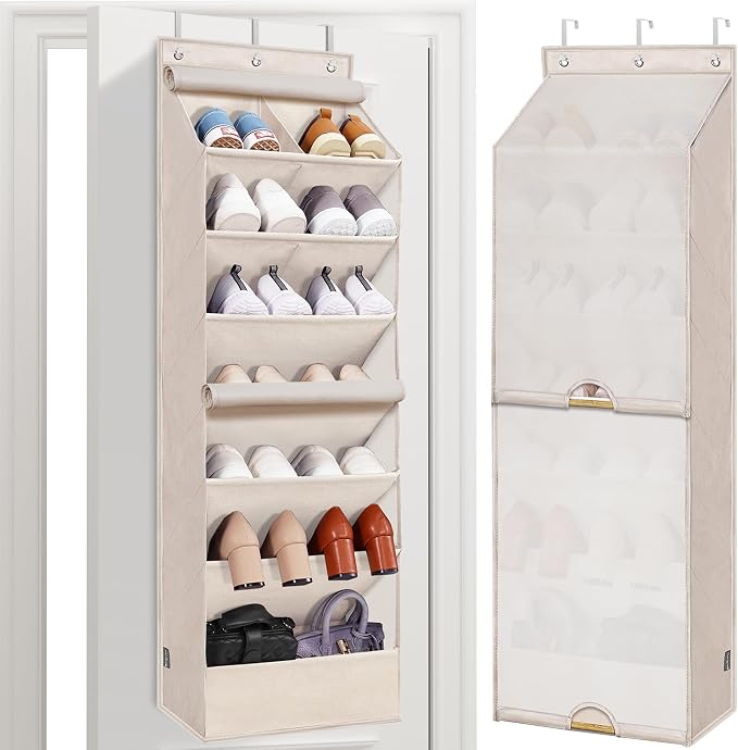 STORAGE MANIAC Over the Door Shoe Organizer with Curtain Dustproof Heavy-Duty Large Deep Pocket Hanging Shoe Organizer for Closet Dorm & Narrow Door Storage Shoe Holder Shoe Rack, 7-Shelf Beige 1 Pack