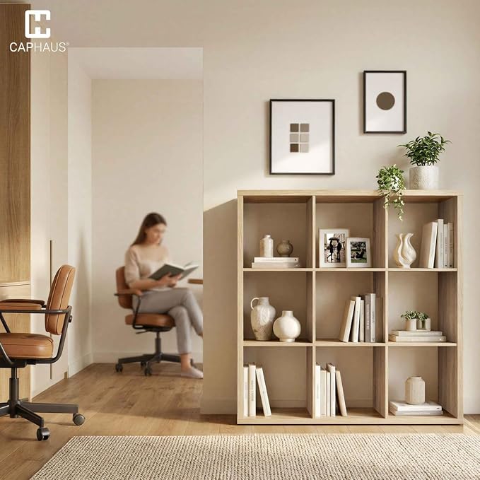 CAPHAUS Sturdy Room 13-Inch Cube Storage Organizer Shelf, with Extra Thick Exterior Edge, Open Storage Shelf Divider, Bookcase, 6-Cube, Natural Oak