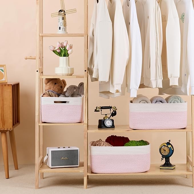 MiniArk Large Storage Baskets for Shelves, 17 x 13 x 7.5” Closet Organizers Bins for Clothes Blanket Towels, Baby Nursery, Toy Baskets Box, Woven Rope Baskets, 3 Packs Woven Pink