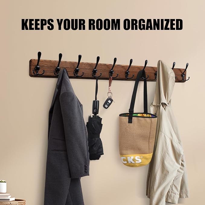 Gohiuo Rustic 38.6" Large Coat Rack Wall Mount, Long Wood Coat Hooks with 10 Triple Hooks, Heavy Duty Wooden Coat Hanger Wall Mount for Entryway, Farmhouse Hanging Jackets, Coats, Hats, Bags,Towel