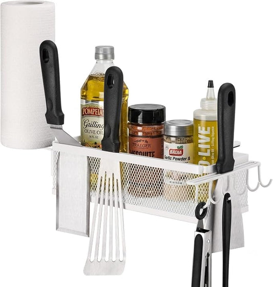 Griddle Caddy Side Shelf Organizer Grill Tool Holder (White) | Steel Grill Tool Holder with Paper Towel Rack No-Drill Outdoor Cooking Accessories Storage for Flat Top Grills & BBQ Stations