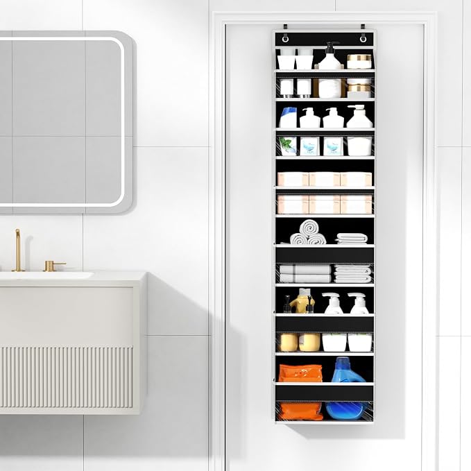 Over The Door Organizer 6 Tiers, Behind The Door Storage Hanging Shelves | Heavy Duty Hanging Organizer Storage with Large Capacity Pockets for Closet Wall Bathroom Bedroom Nursery Pantry, 1 Black