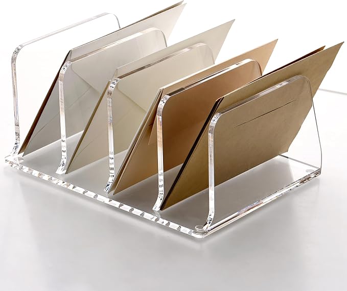 SANRUI Acrylic Desk Mails File Sorter Clear Letter Organizer Holder,4 Slot | Vertical File Folder Rack,Notebook Magazine Desktop Binder Mails Storage Bookshelf Upright Divider for Home Office School