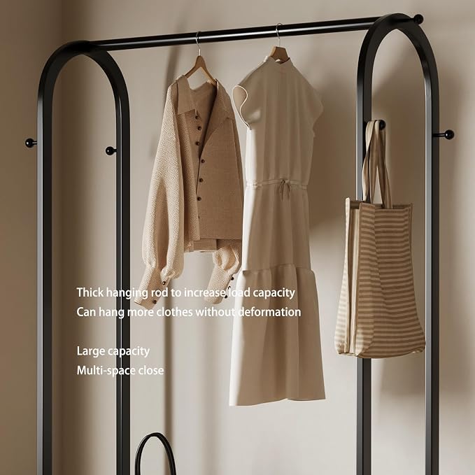 Sturdy metal clothes rack,Black freestanding clothing rack with bottom shelves and 6 side hooks,garment rack for hanging clothes,Wardrobe rack for Bedroom or cloakrooms