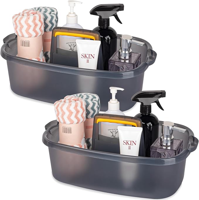 Large Cleaning Supplies Caddy Portable Shower Caddy Basket Clear Grey 2Pk | Sturdy Supply Organizer with Handle Plastic Bucket Tool Storage for Bathroom Bedroom Kitchen Garden College Dorm Essentials