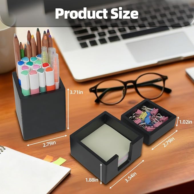 RAWILL 3 PCS Black Wooden Desk Organizer Set Pine Wood Office Desk Accessories with Pen Holder, Paperclip Storage and Sticky Note Holder, Wood Grain Clear, Ideal Gift for Office and Family (Black)