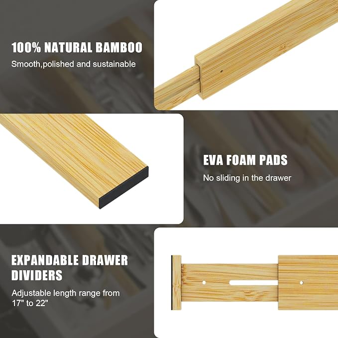 Bamboo Drawer Dividers, Adjustable Drawer Organizers, Fits 17.6–21" Drawers | 2.5" High, 4 Pack Expandable Drawer Separators for Kitchen, Nursery, Dressers & Office Storage, Natural