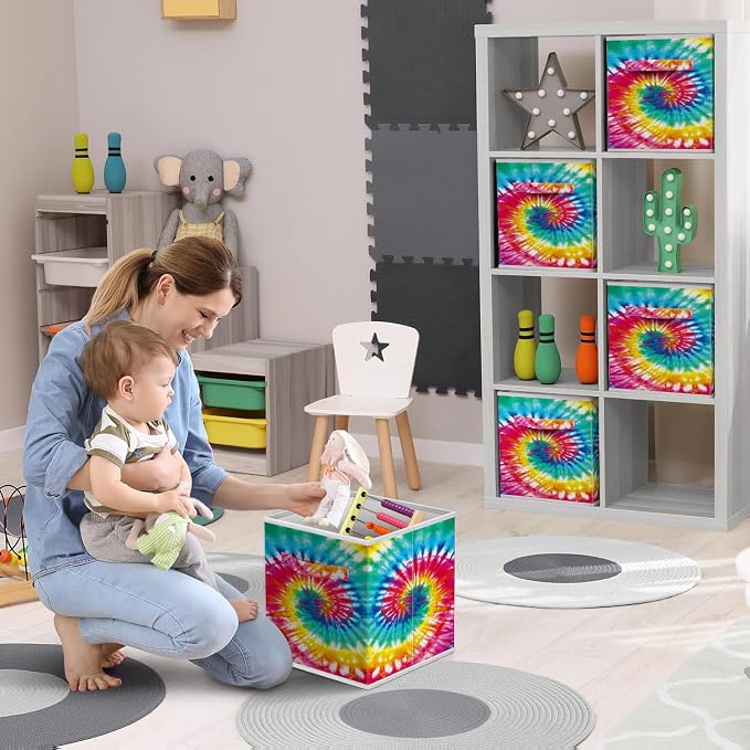 Sorbus Fabric Storage Cubes - 6 Foldable Tie Dye Storage Bins for Organizing Cubbies, Toy Box - Clothes Storage & Closet Organizer - 11 Inch Collapsible Cube Baskets for Shelves with Handle