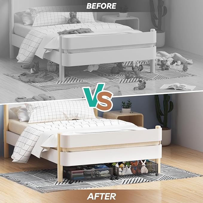 PHINOX Under Bed Storage with Wheels & Handle,Sturdy Metal,2 Pack,Black | Tool-free assembly, glide smoothly, easy reach, foldable, maxmazie low-profile beds, dorm, keep seasonal clothes, shoes fresh