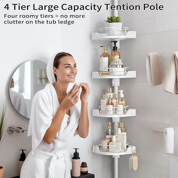 360° Rotating Corner Shower Caddy Tension Pole Organizer (White) | 4-Tier rotating shelves with hooks, adjustable tray height, upgraded rustproof metal pole, removable trays for shower storage