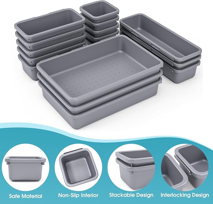 16 PCS Drawer Organizer Set, 4 Size Makeup Drawer Divider Organizer With Non-Slip Pads, Interlocking Plastic Storage Bins for Office,Jewelry Vanity,Gadgets, Bathroom,Kitchen, Grey