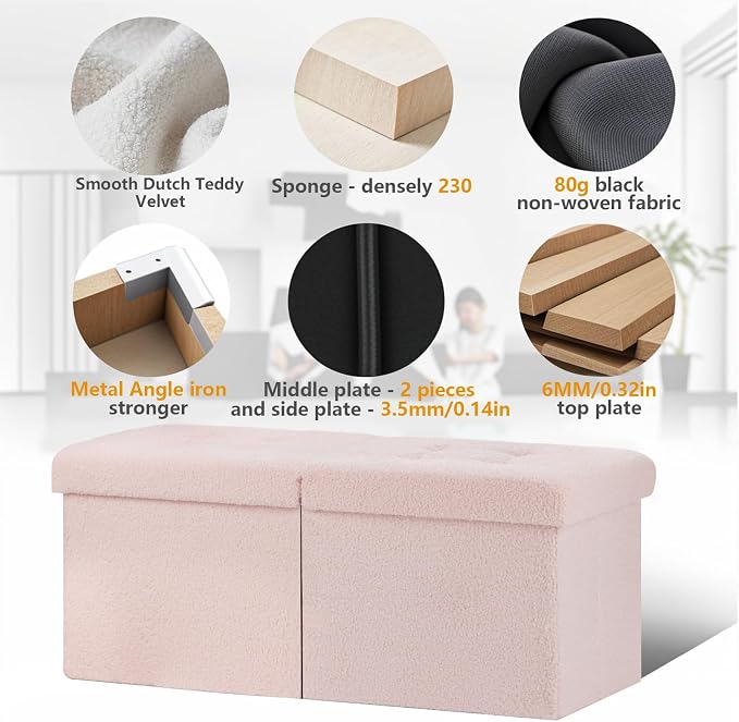 AmasSmile Ottoman Storage Bench, 34" Teddy Velvet Folding Stool Pink | Large Ottoman with Storage, Thicker Foam Padded Seat, Livingroom, Dorm, Bedroom, Entryway, Easy to install, 34 x 13 x 13in