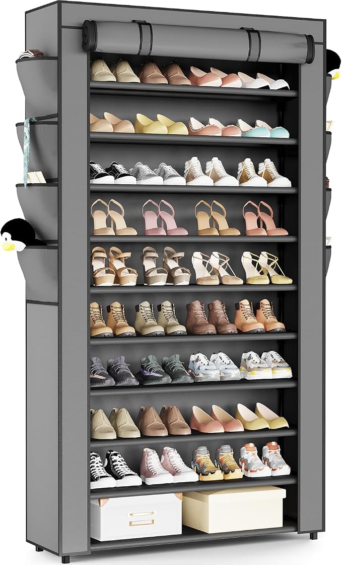Mavivegue Shoe Rack with Cover, 10+1 Tier Tall Shoe Storage for 50-55 Pairs of Shoes, Shoe Organizer for Entryway, Closet, Garage, Grey