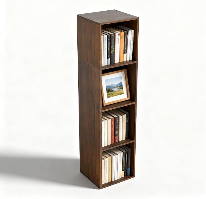 4Cube Storage Organizer, 4 Tier Cube Low Bookcase Freestanding Storage Display Organizer, Three-Cubes Open Shelf Bookshelf for Home Office (Dark Brown,Black Walnut, 4-Cube)