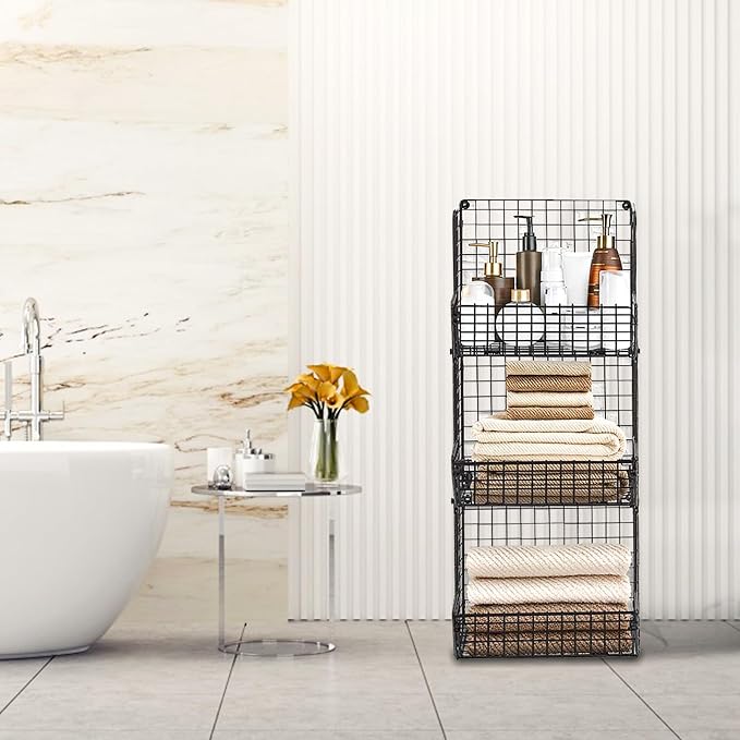 PUPPYCUTE Stackable Wire Storage Baskets for Kitchen Closet Pantry, Hanging Closet Organizers Storage Shelves Organization, Wall Mount Metal Basket Bins, Clothing Vegetable & Fruit Organizer 5 pcs