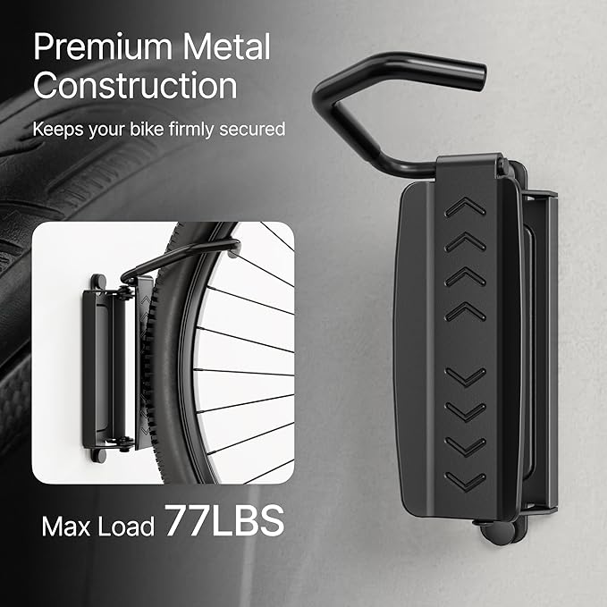 Bike Wall Mount for Garage, Holds 77lbs,Swivel Indoor Bike Storage, 4 Pack | Adjustable 65° angle for space-saving storage. Fits most bikes with tires under 3.15"H/3.5"W. Ideal for garage & entryway.