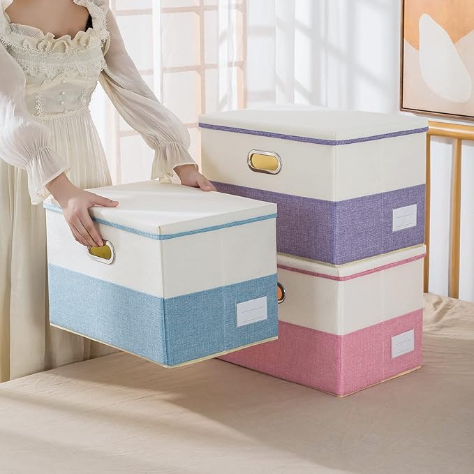 PRANDOM Large Collapsible Storage Bins with Lids [3-Pack] Fabric Foldable Storage Boxes Organizer Containers Baskets Cube with Cover for Home Bedroom Closet Office Pink&Cream(17.7x11.8x11.8)
