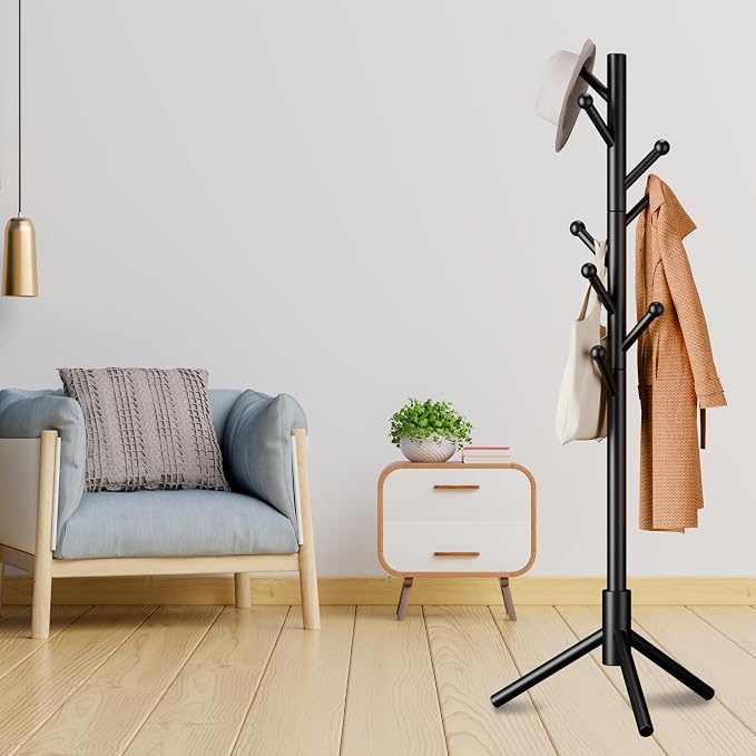 8-Hook Freestanding Coat Rack 3 Heights Safe Round Tips Black | Smooth Round Tips Prevent Slipping,Tool-Free Assembly,Holds Clothes Hats Handbags,Ideal for Entryway Bedroom Hallway Office