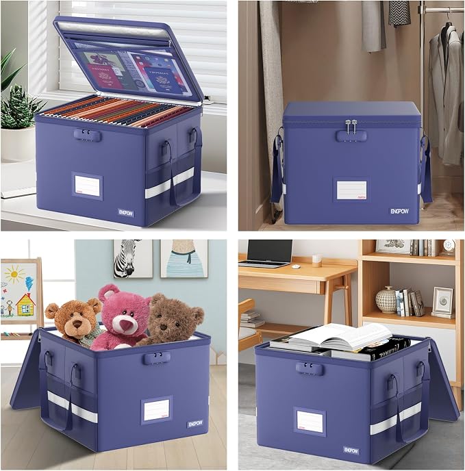 ENGPOW 5200°F File Box Fireproof Document Box with Lock,Heat Insulated Collapsible File Storage Organizer Box with Handle,Portable Home Office File Cabinet for Hanging Letter/Legal Size Folder, Blue