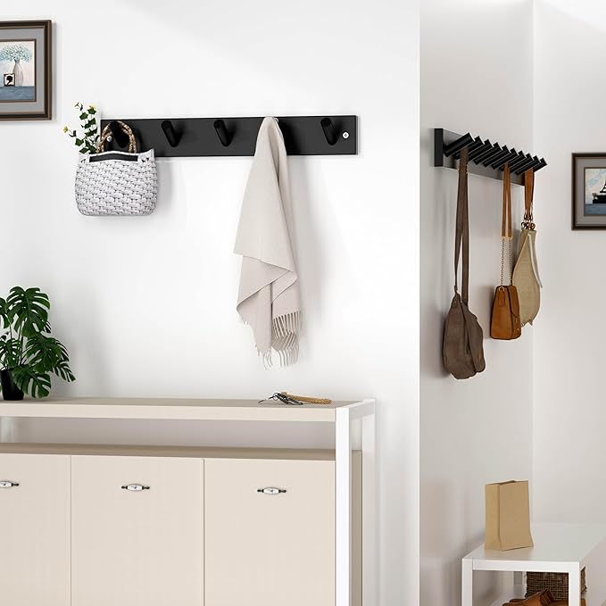 SKOLOO Wooden Wall Mounted Coat Rack,16'' Hole to Hole, 5 Pegs Bamboo Wall Hook for Hanging Clothes Robes Towels Hats,Black