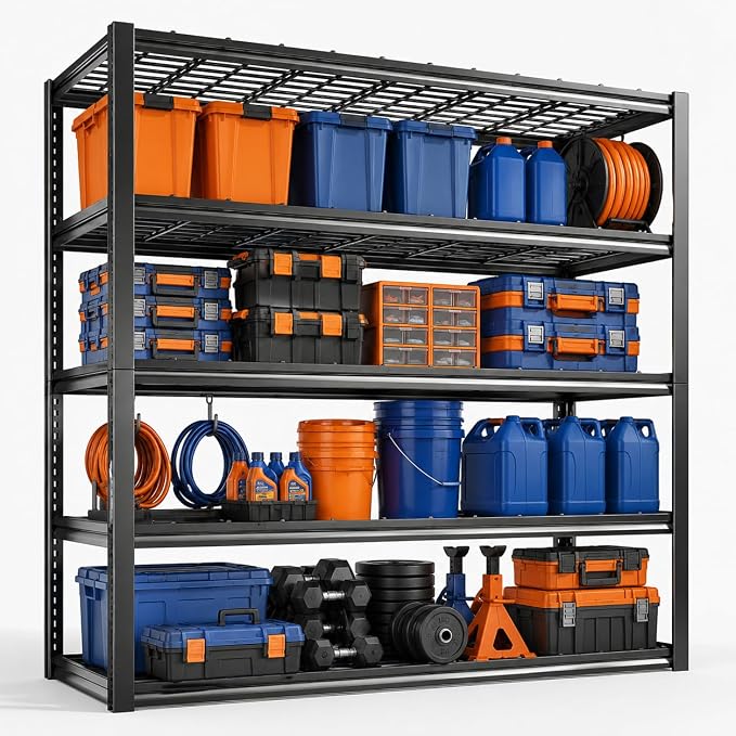 Garage Shelving, Heavy Duty Adjustable Boltless Metal Storage Shelves | 3000 LBS Industrial Steel Rack for Pantry Kitchen Basement Warehouse Storage, 72"H x 36"W x 16"D