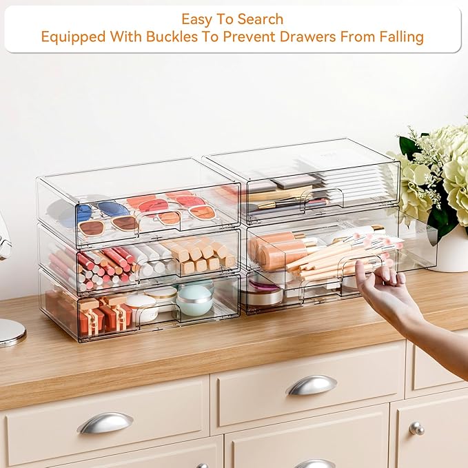 12.1''W Clear Stackable Storage Drawers,4Pcs Acrylic Drawer Organizer for Hair Accessories,Makeup Organizers,Plastic Office Supply Organizer for Pen,Pencil,Medicine,Accessory,Craft Organization