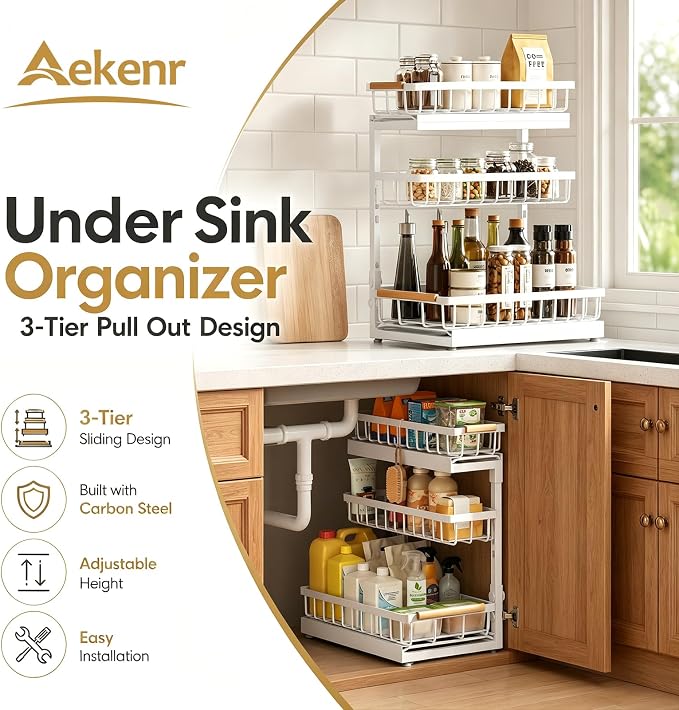 Under Sink Organizer and Storage for Bathroom and Kitchen - 1 Pack 3 Tier Under Cabinet Pull Out Shelf Organizers - Slide Out Drawer Organization for Home Cabinets Shelves and Drawers