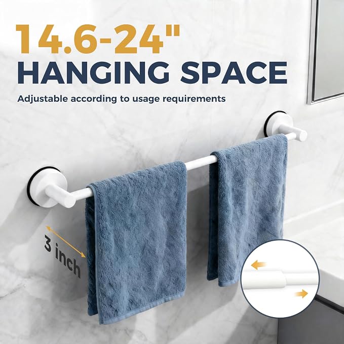 14.6inch~24inch Towel Racks for Bathroom,Adjustable Suction Cup Towel Bar for Bathroom Wall,Stainless Steel Bath Towel Holder for Shower,2 Pack(Bright White)