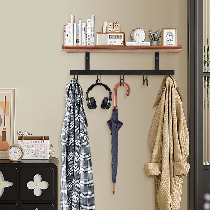 Livabber Wall Mounted Coat Rack with Wooden Shelf, Heavy Duty Wall Hanging Storage with 5 Metal Hooks for Bathroom, Entryway, Living Room, Bedroom (Black)