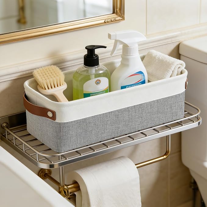 Bagnizer Small Fabric Storage Baskets, 15x6x5 inch Narrow Storage Bins 4-Pack Long Storage Basket for Organizing with Handles, Decorative Basket for Closets, Shelves, Toilet Paper, Grey